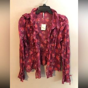 New Free People Ruffle Down Semi Sheer Sleeve Top